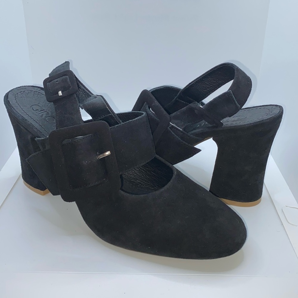 Girotti New $325 Sz 10.5 M 41 Black Goat Suede Buckle High Heel Slingback Pumps